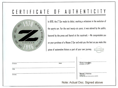 Vintage Z Certificate of Authenticity